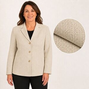 Villager Liz Claiborne Blazer Women 16 Beige Textured 3 Button Career Jacket